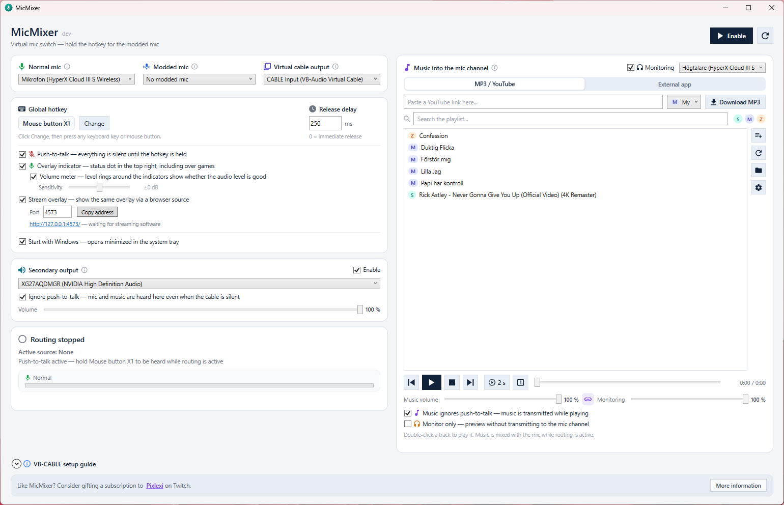 The MicMixer main window