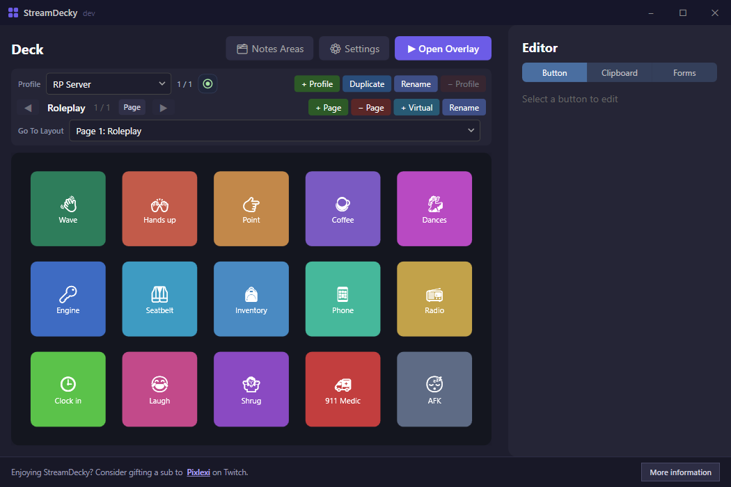 The StreamDecky editor window with a grid of configured buttons and an editor panel
