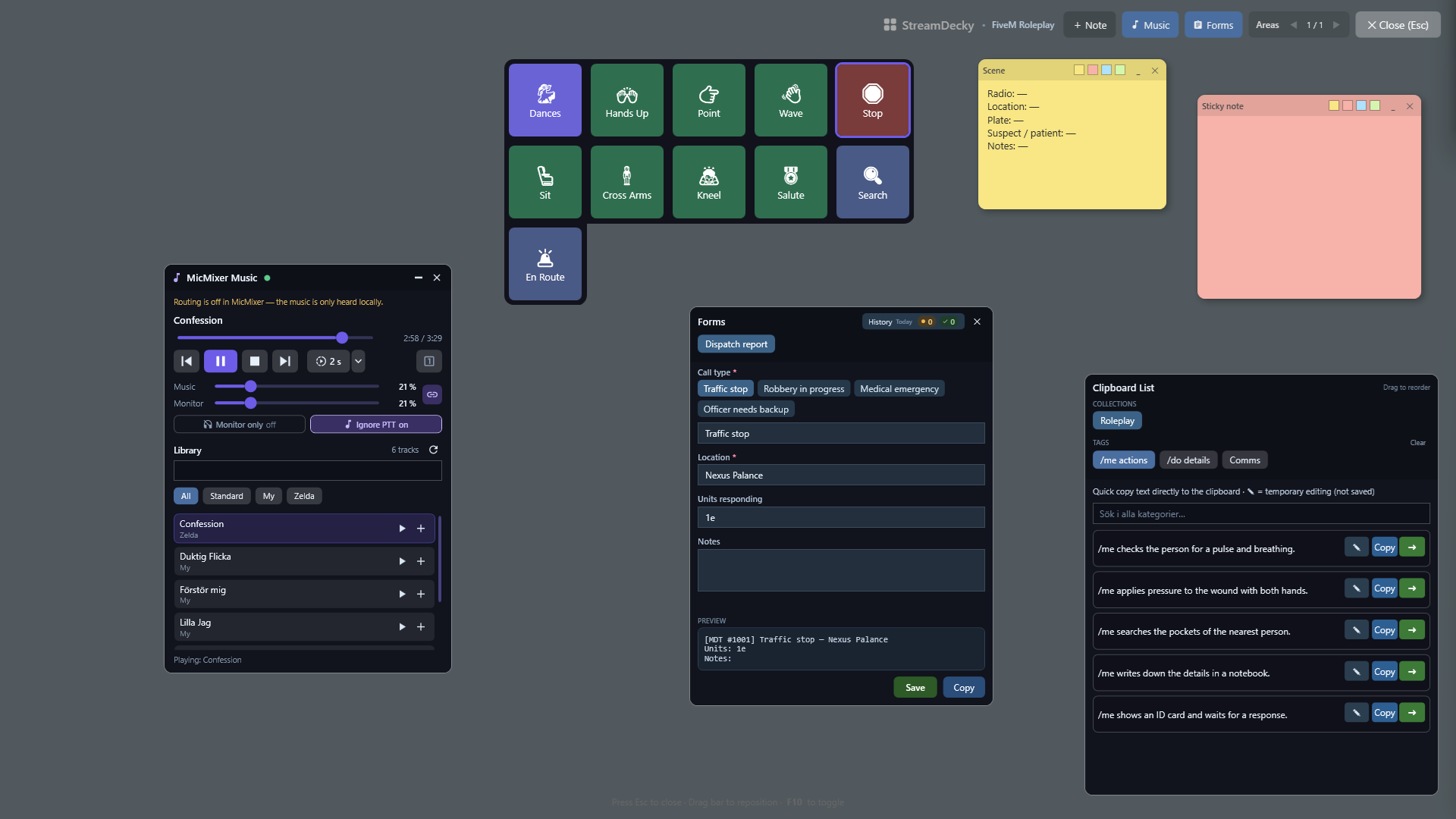 The StreamDecky overlay: a grid of colored action buttons, a quick clipboard panel with /me lines, sticky notes, and a music widget