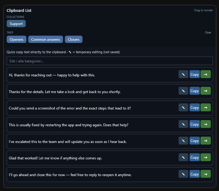 The StreamDecky clipboard list from the Canned Replies profile: the Support collection with opener, answer, and closer lines.
