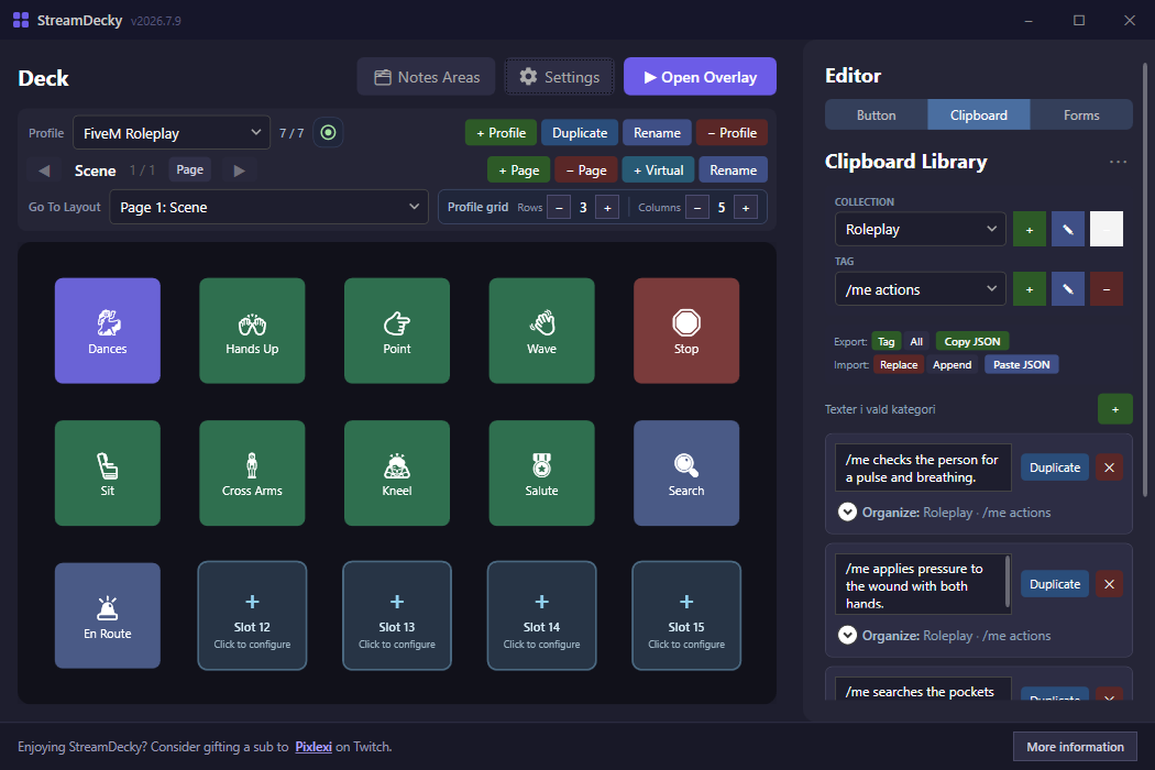 The StreamDecky editor showing the FiveM Roleplay profile: the Scene page of emote and comms buttons alongside the clipboard library of /me lines.